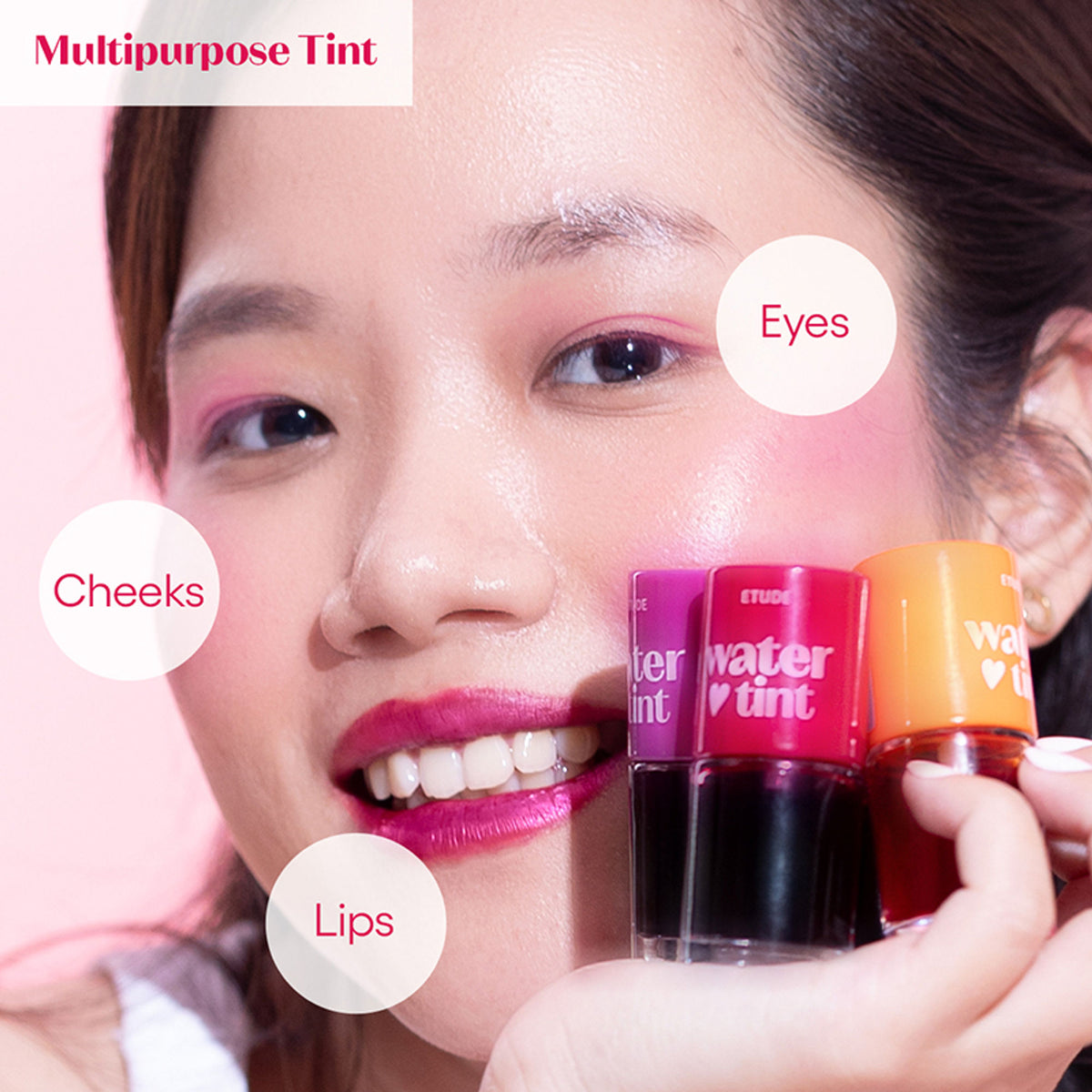 ETUDE Dear Darling Water Gel Lip and Cheek Tint in Watermelon Ade, showing the vibrant pink lipstick and tint applicator.
