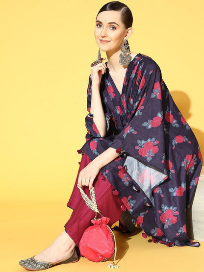 Indyancart VA Women's Navy Blue Floral Printed Kurta with Trousers