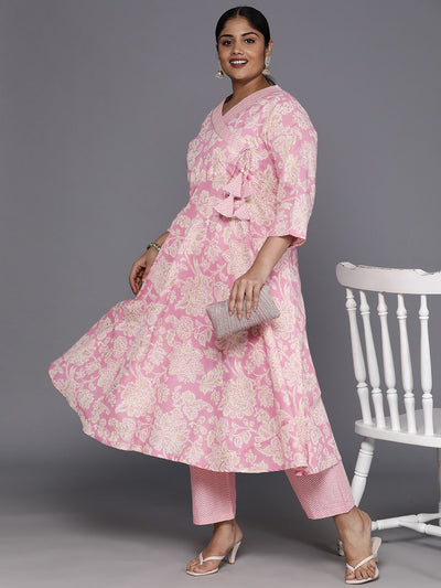 Indyancart VA Women'sPlus Size Floral Printed Angrakha Gotta Patti Pure Cotton Kurta with Trousers