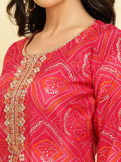 Indyancart VA Women'sBandhani Printed Regular Chanderi Silk Kurta with Trousers & Dupatta