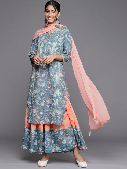 Indyancart VA Women's Blue Ethnic Motifs Printed Straight Kurta with Sharara & With Dupatta