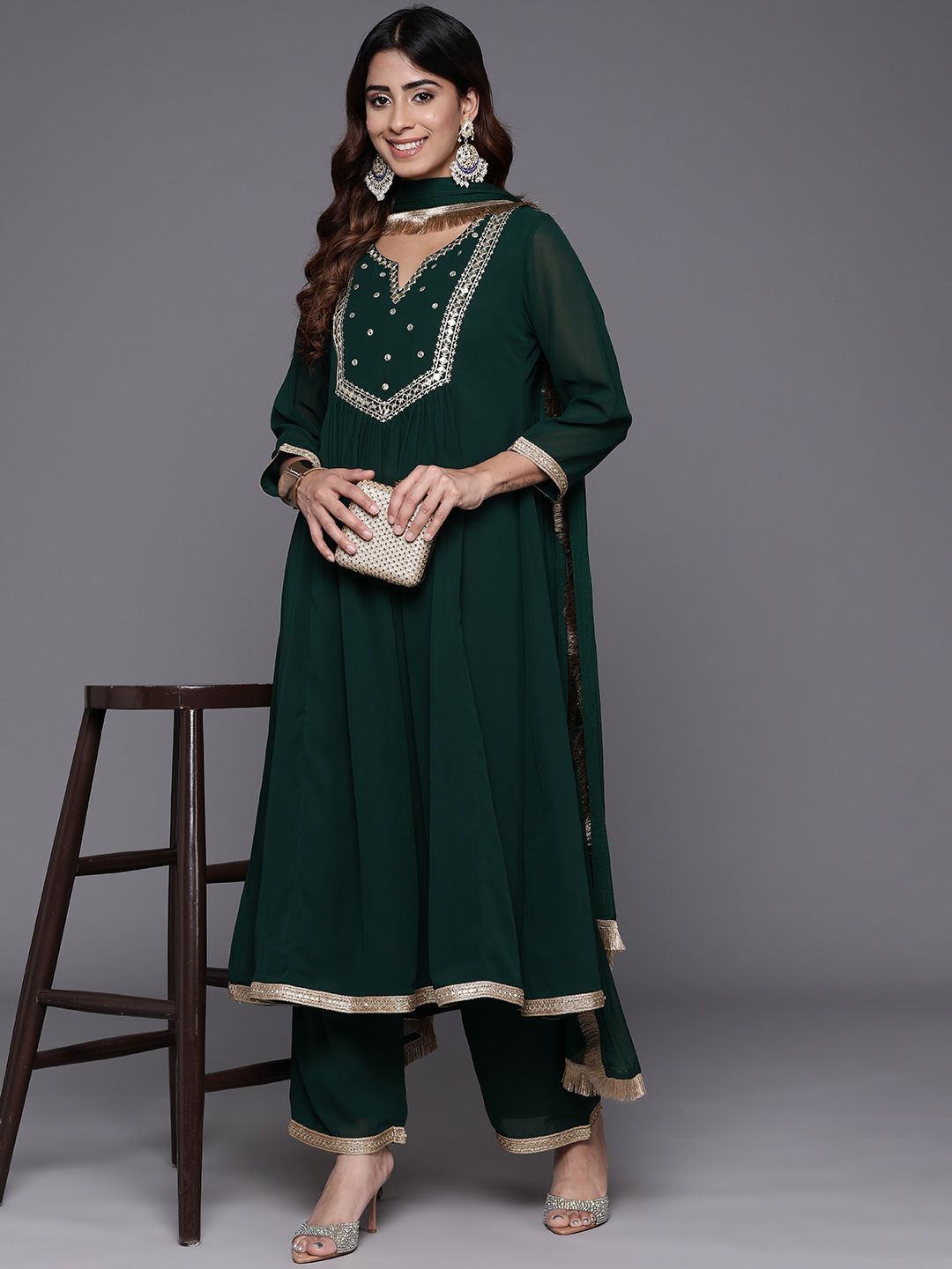Indyancart VA Women's Embroidered Empire Mirror Work Silk Georgette Kurta with Trousers & With Dupatta