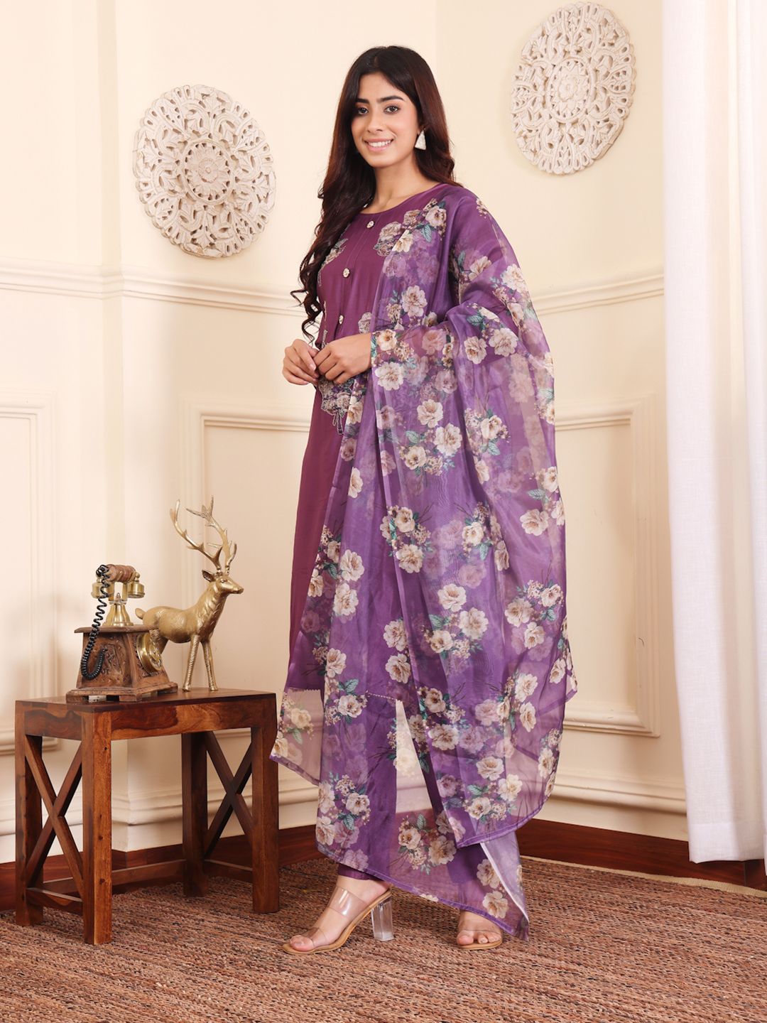 Dhiyona VA Women's Floral Printed Regular Beads and Stones Kurta with Trouser & Dupatta
