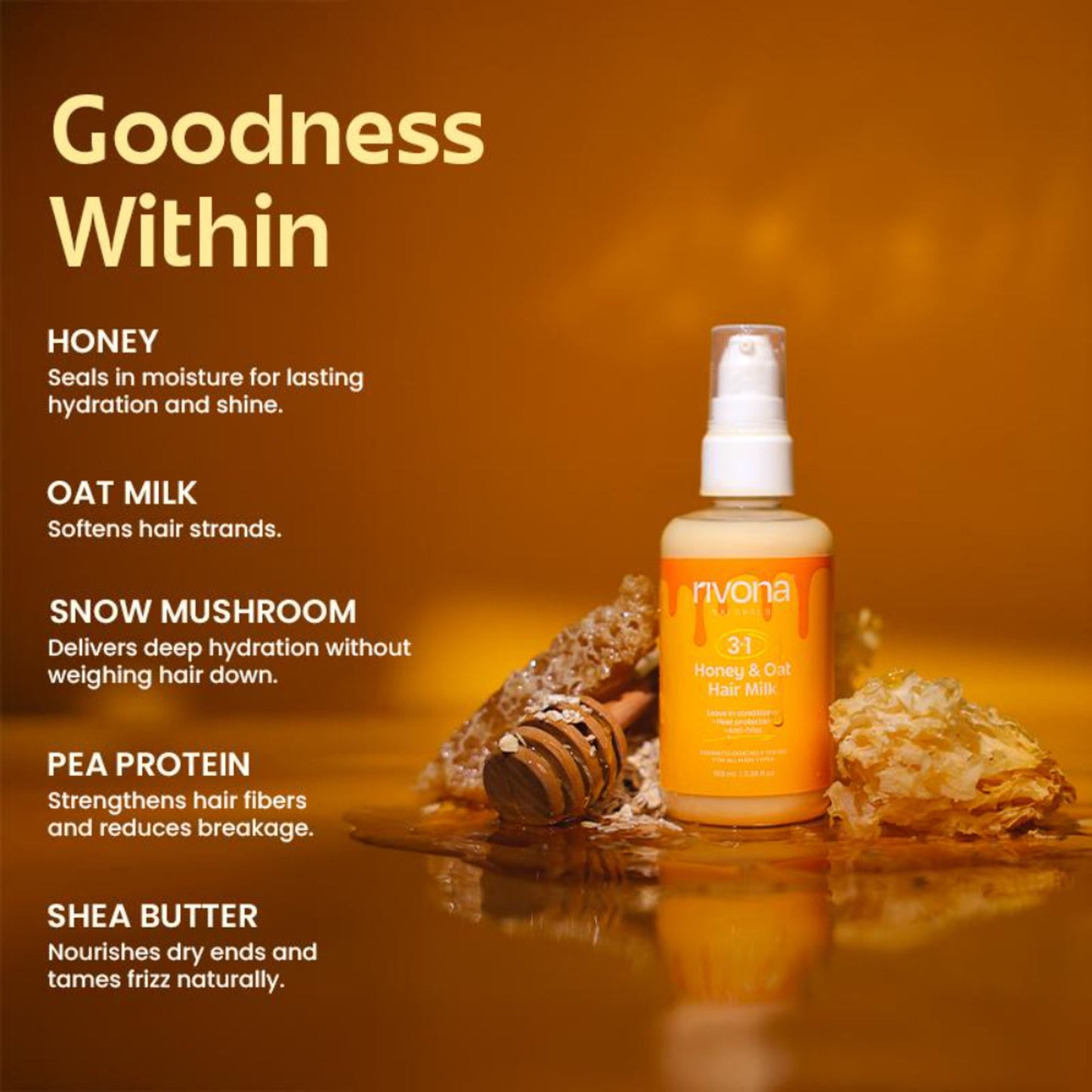 Rivona Naturals 3 In 1 Honey & Oat Hair Milk Leave-In Conditioner + Heat Protectant + Anti-Frizz