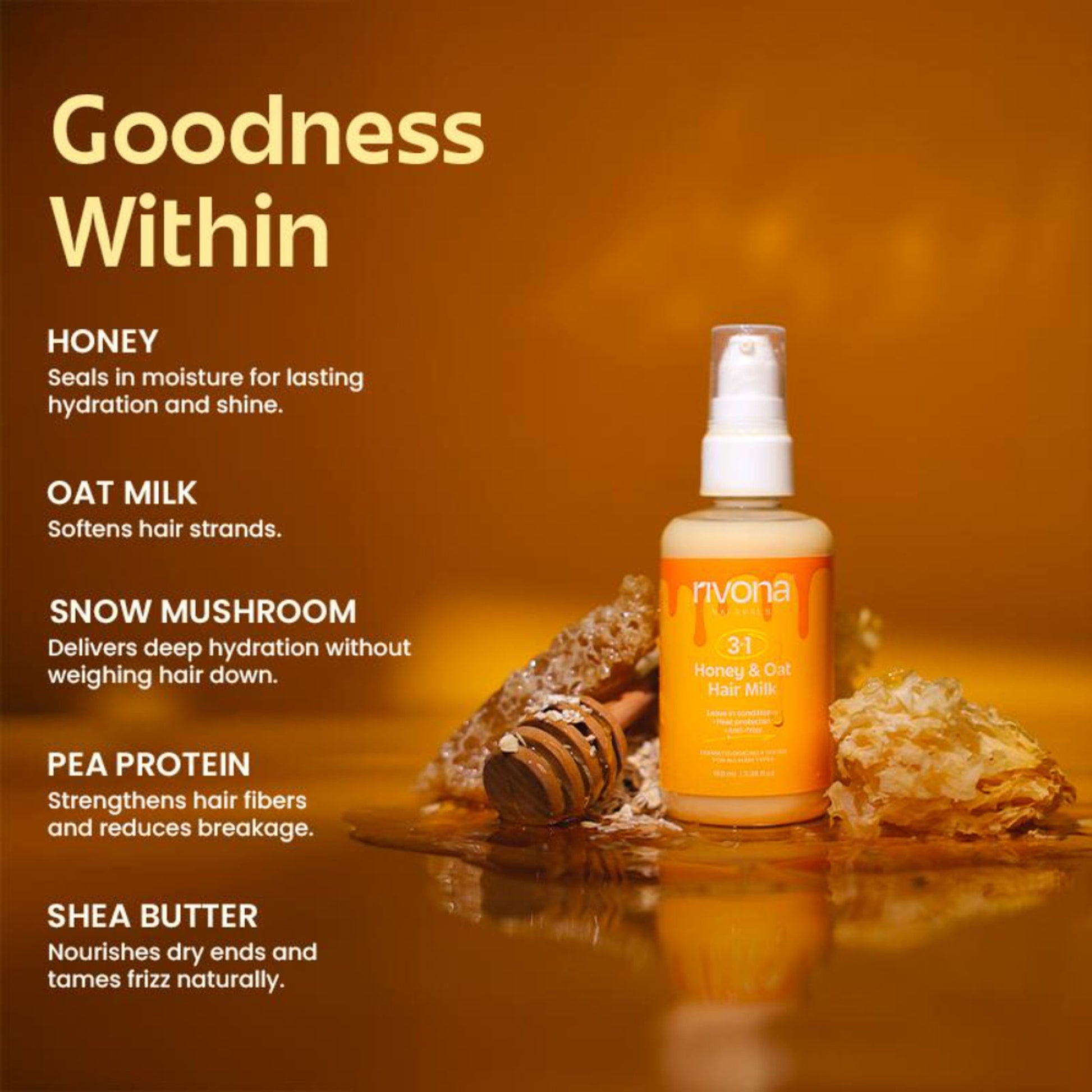 Rivona Naturals 3 In 1 Honey & Oat Hair Milk Leave-In Conditioner + Heat Protectant + Anti-Frizz