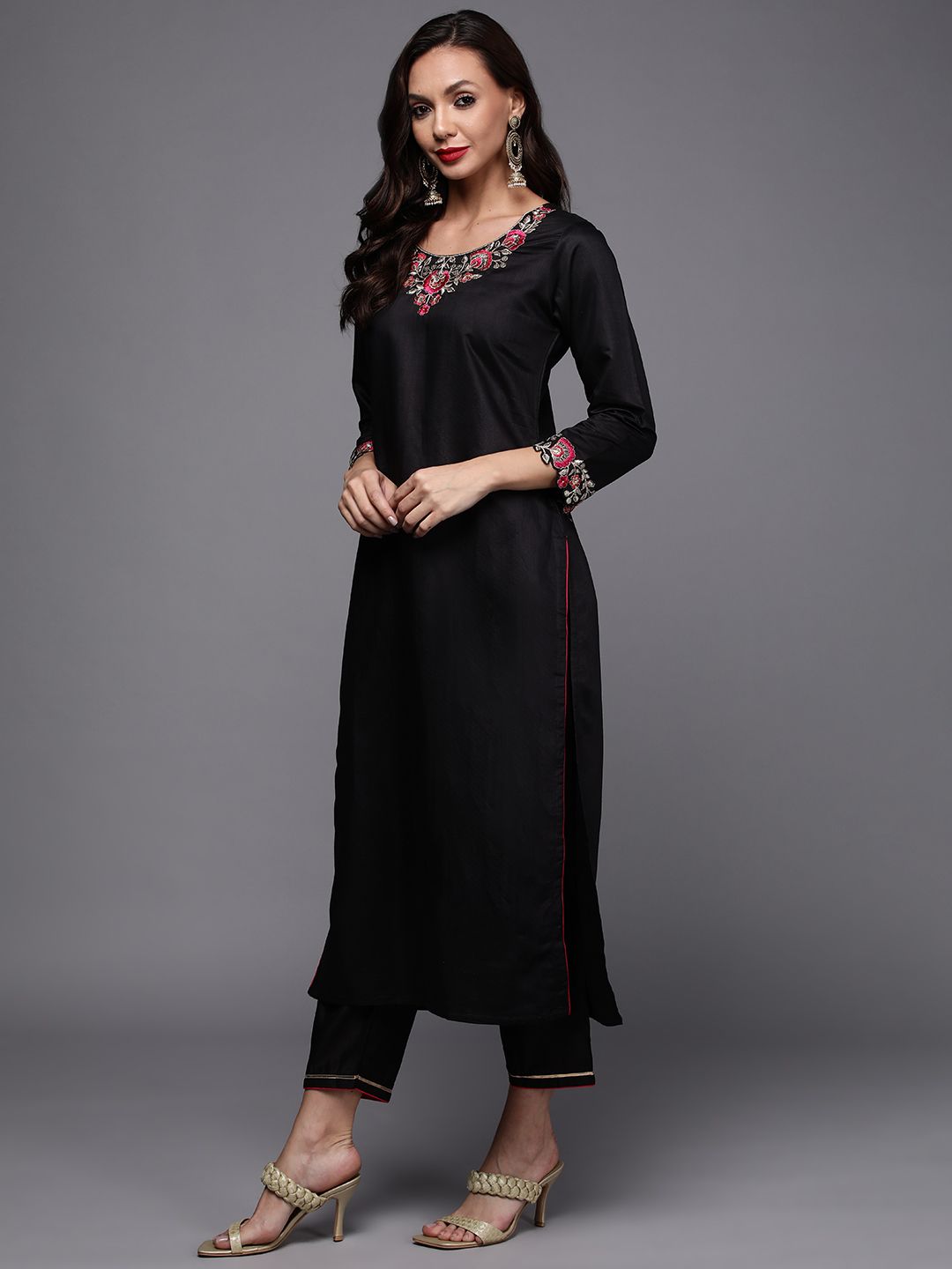 Dhiyona IE Women Black Embroidered Sequinned Liva Kurta with Trousers & Dupatta