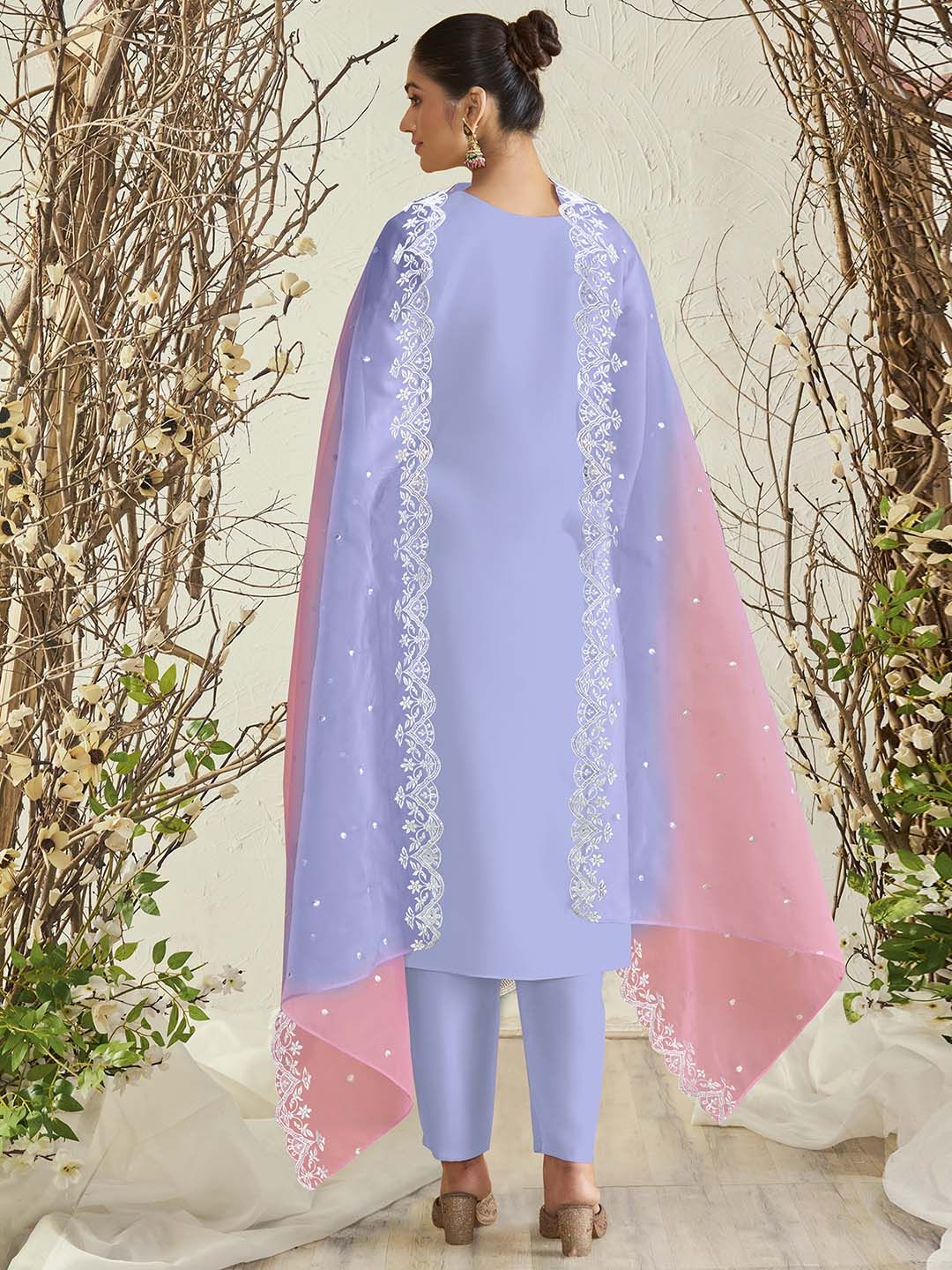 Indyancart IE Lavender Floral Embroidered Round Neck Thread Work Kurta with Trousers & Dupatta
