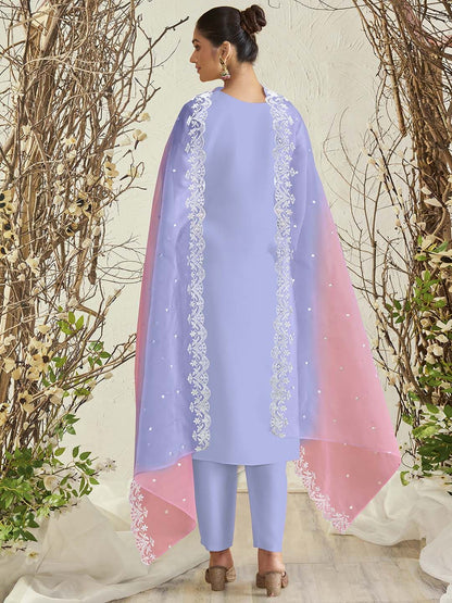 Indyancart IE Lavender Floral Embroidered Round Neck Thread Work Kurta with Trousers & Dupatta