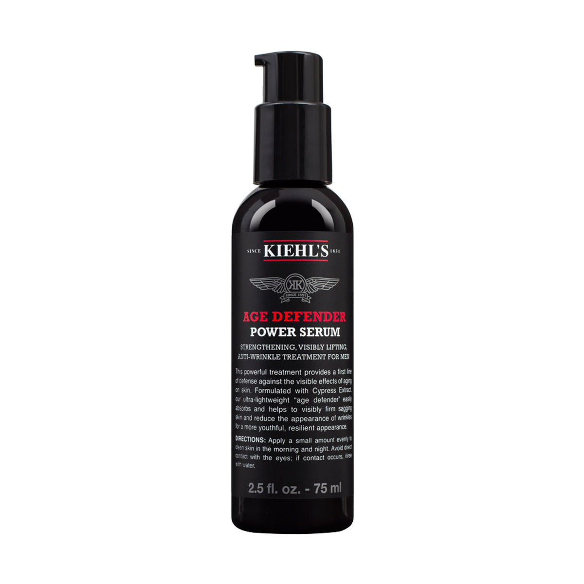 Kiehl's Age Defender Power Serum for Men, anti-aging facial treatment in a sleek bottle with a dropper applicator.