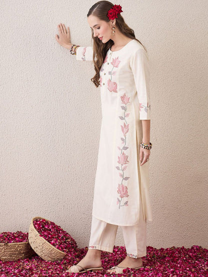 Indyancart IE Floral Printed Round Neck Pure Cotton Straight Kurta With Trouser