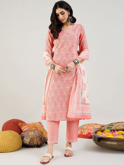 Indyancart IE Ethnic Motifs Printed Angrakha Pure Cotton Kurta With Trousers & Dupatta