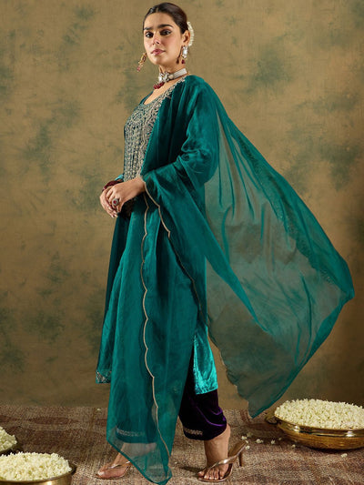 Indyancart IE Ethnic Motifs Embroidered Regular Velvet Straight Kurta with Trousers & Dupatta