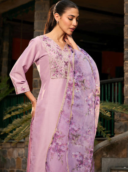Indyancart IE V Neck Ethnic Motifs Embroidered Regular Kurta with Trouser & Dupatta