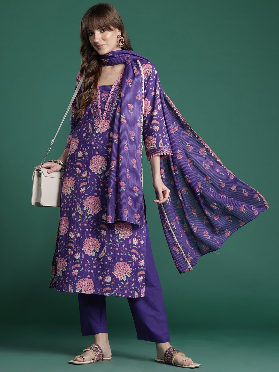 Floral Printed Beads & Stones Pure Cotton Kurta with Trousers & With Dupatta