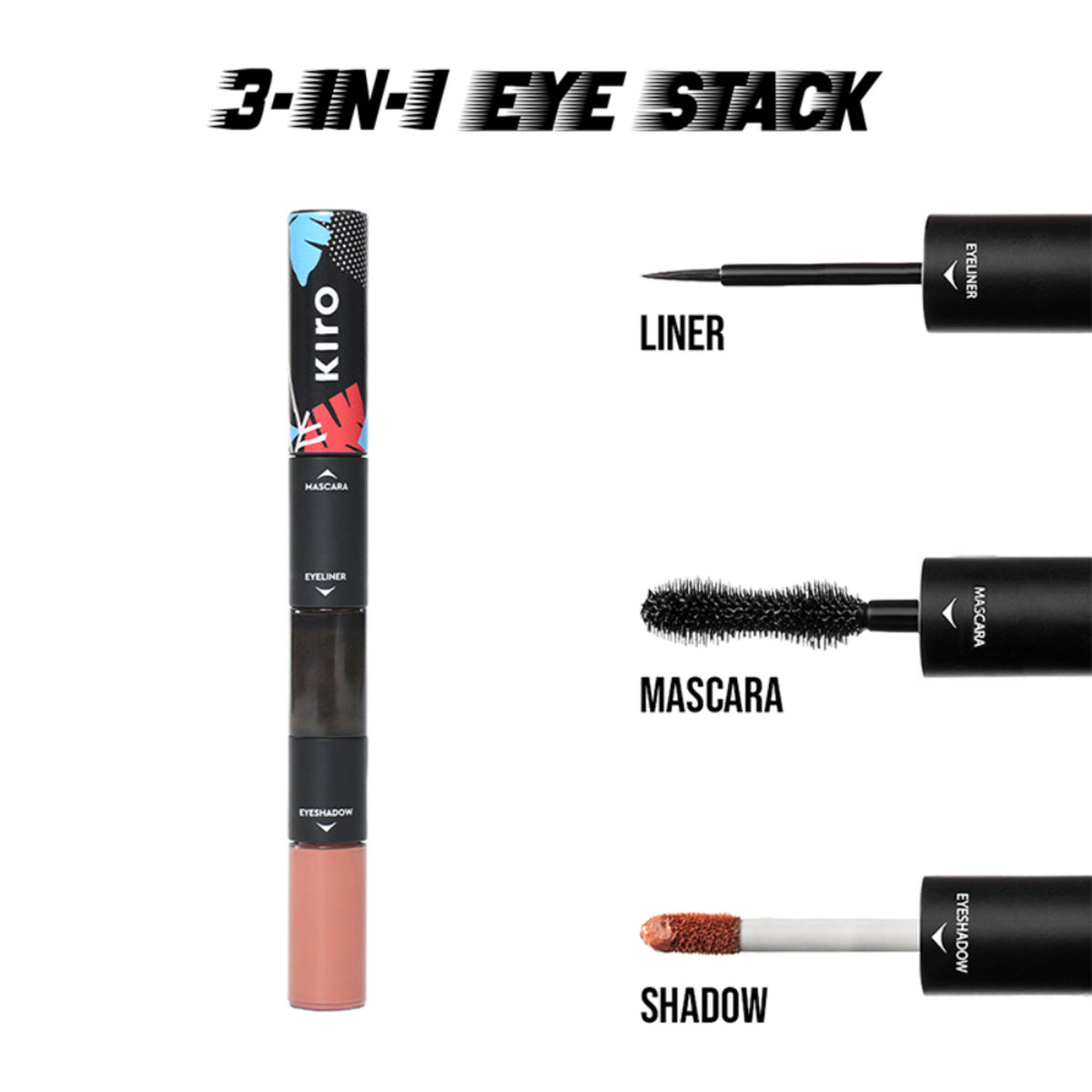 KIRO 3-in-1 eye stack featuring eyeshadow, eyeliner, and mascara in Bare Peach Matte Trio, with natural peach shades and matte finish.