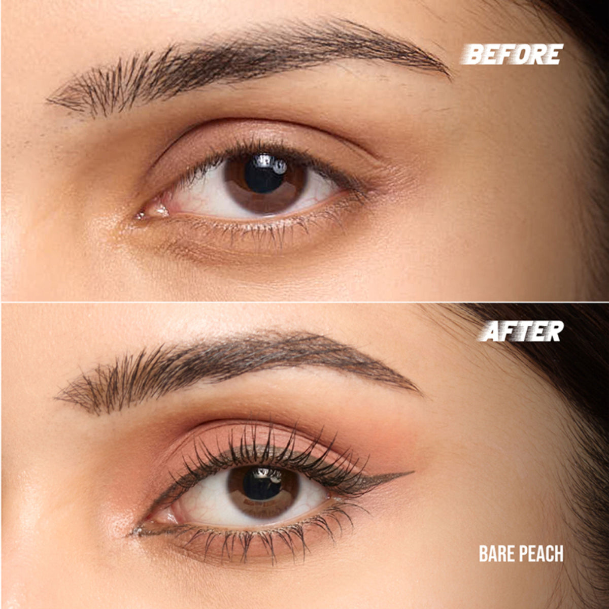 KIRO 3-in-1 eye stack featuring eyeshadow, eyeliner, and mascara in a bare peach matte finish, displayed in a compact palette.