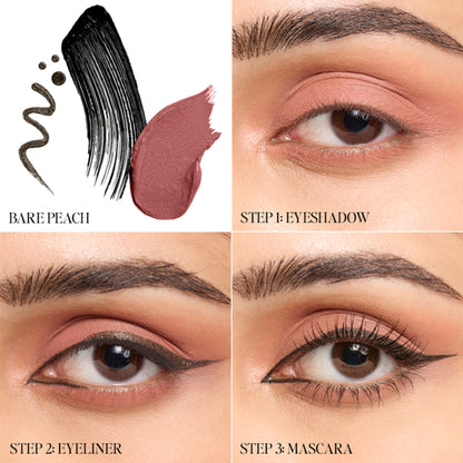 KIRO 3-in-1 eye makeup set with eyeshadow, eyeliner, and mascara in Bare Peach Matte color, displayed on a neutral background.