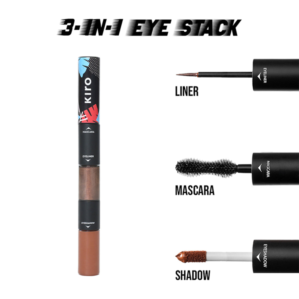 KIRO 3-in-1 eye makeup set featuring Nutty Brown Matte Metallic eyeshadow, eyeliner, and mascara in a compact bundle.