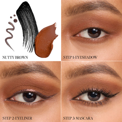 KIRO 3-in-1 eye stack with Nutty Brown matte metallic eyeshadow, eyeliner, and mascara in a compact set.