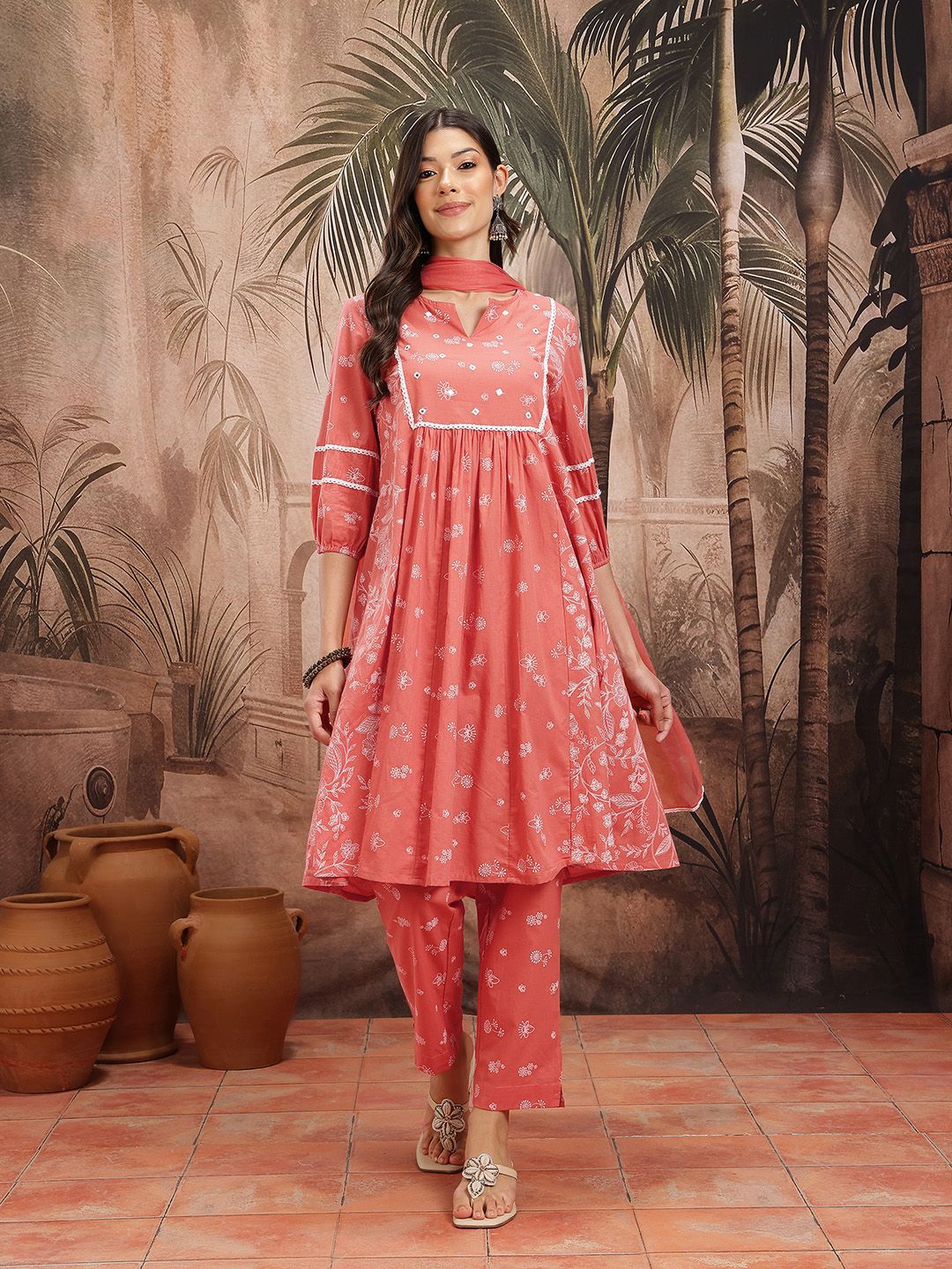 Indyancart SN Women's Floral Printed Pleated Pure Cotton Kurta with Trousers & Dupatta