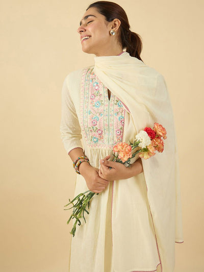 Indyancart IE Floral Embroidered Mandarin Collar A Line Pure Cotton Kurta With Trouser &Dupatta