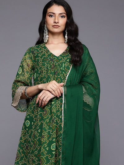 Indyancart VA Women'sBandhani Printed Empire Gotta Patti Kurta With Trousers & Dupatta