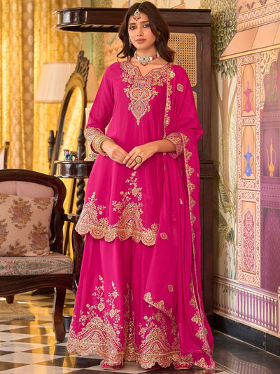 Dhiyona IE Floral Embroidered Sequinned Chinon A-Line Kurta With Palazzos & Dupatta
