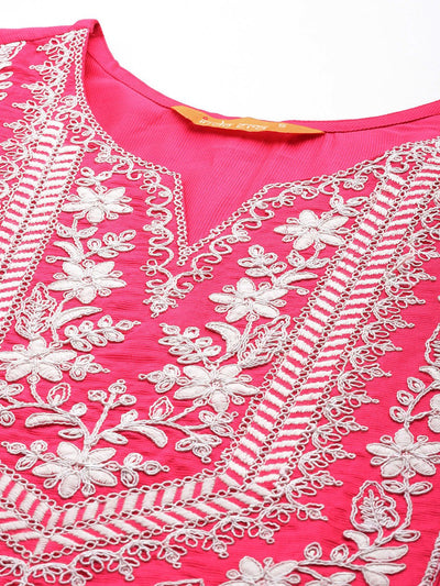 Indyancart IE Floral Zari Embroidered Liva Kurta with Trousers & Dupatta