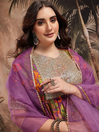 Indyancart SN Women's Floral Print Gotta Patti Kurta with Sharara & Dupatta