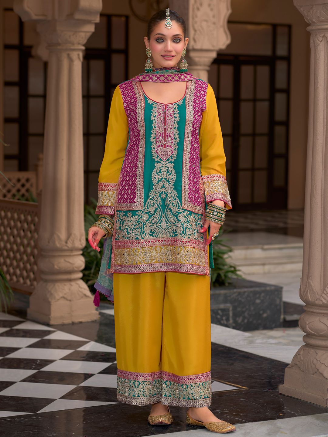 Indyancart IE Floral Embroidered Round Neck Mirror Work Kura With Palazzos & Dupatta