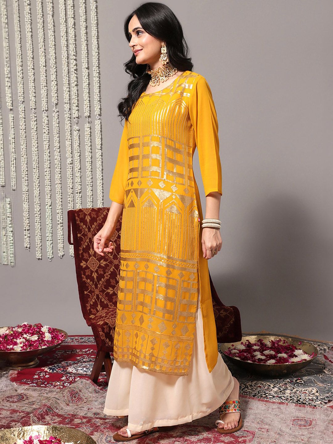 Indyancart VA Women'sEthnic Motifs Embroidered Sequinned Detail Straight Kurta & Sharara With Dupatta