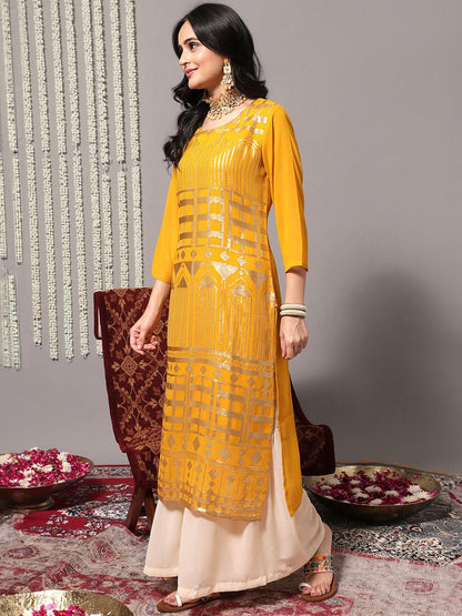 Indyancart VA Women'sEthnic Motifs Embroidered Sequinned Detail Straight Kurta & Sharara With Dupatta