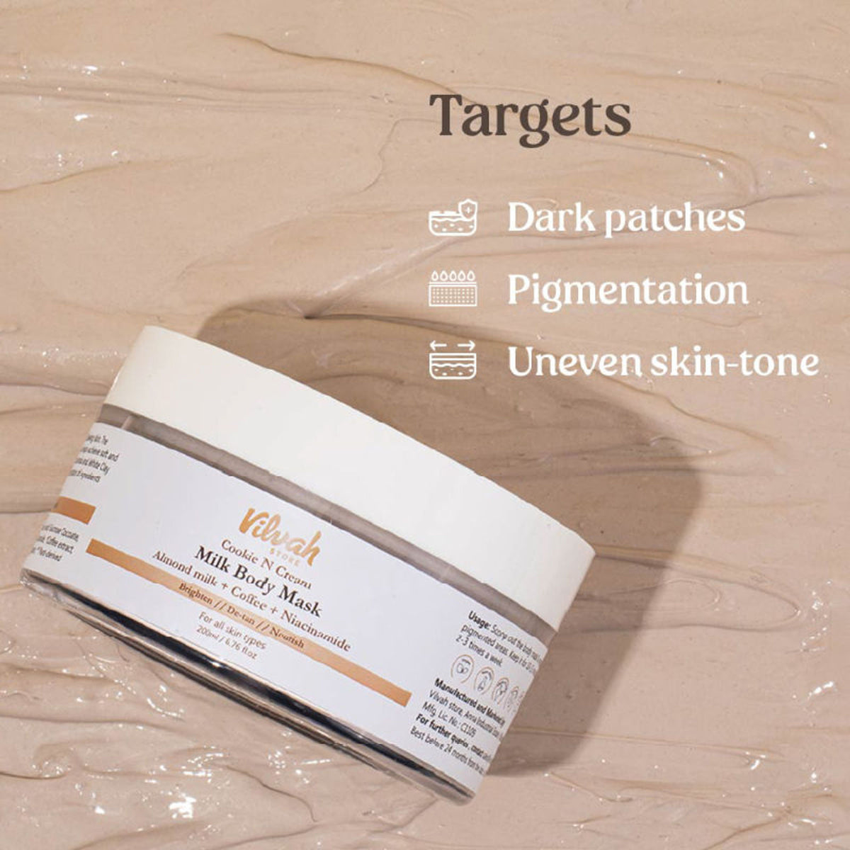 Vilvah Cookie N Cream Milk Body Mask With Coffee & Kaolin Clay To Remove Body Acne & Tan