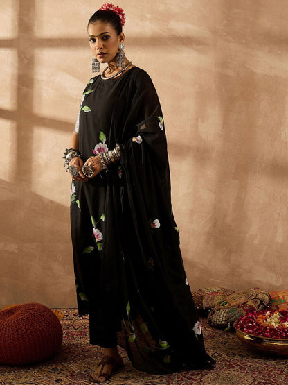 Indyancart IE Women Floral Printed Regular Pure Cotton Kurta with Trousers & With Dupatta