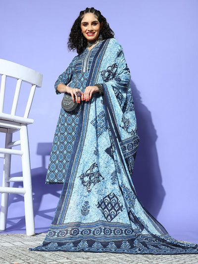 Dhiyona IE Women Blue Cotton Blend i Suit Kurta Set