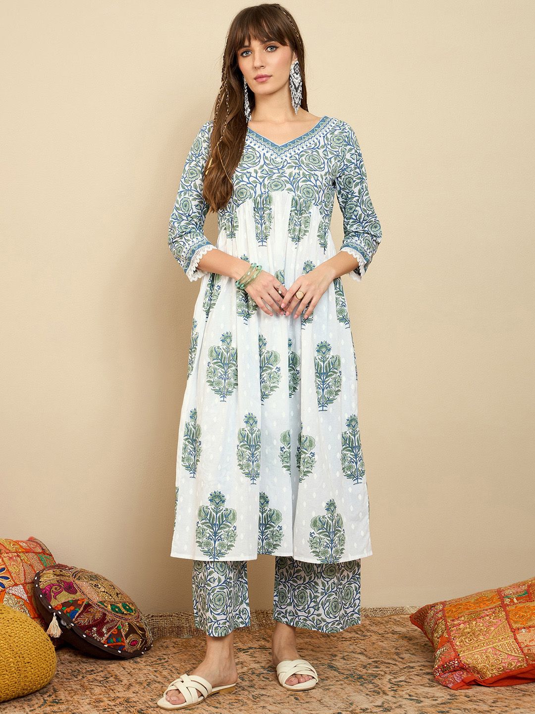 Indyancart IE Floral Printed Empire A-Line Pure Cotton Kurta with Palazzos & Dupatta