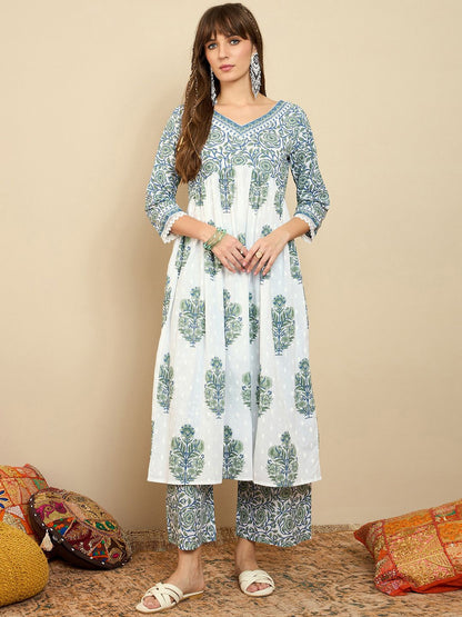 Indyancart IE Floral Printed Empire A-Line Pure Cotton Kurta with Palazzos & Dupatta