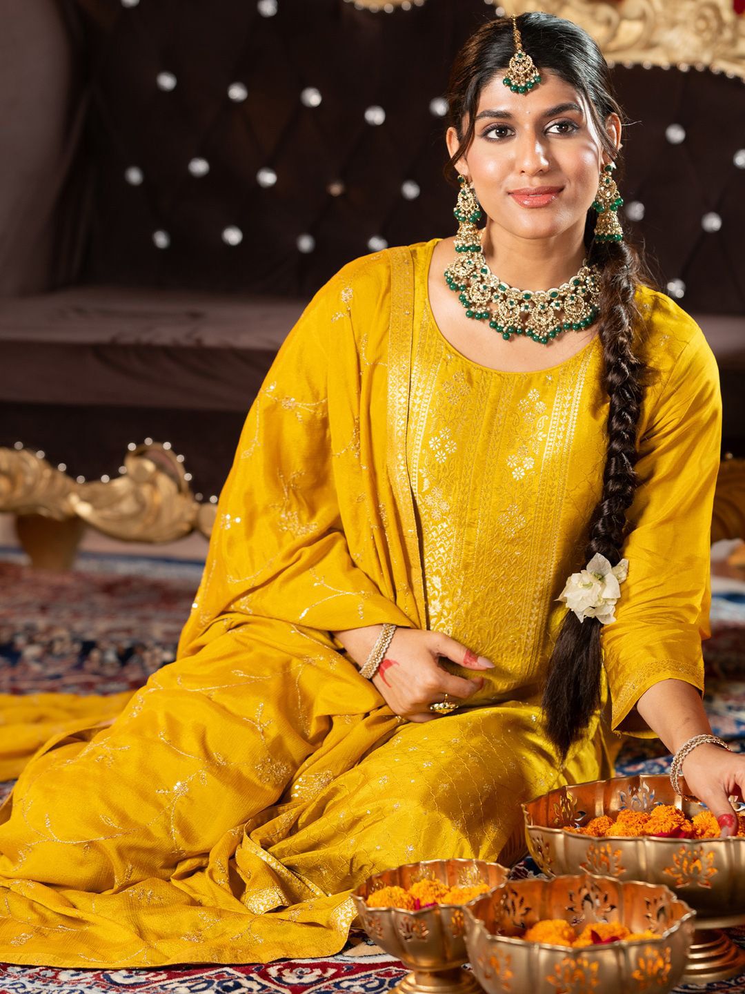 Dhiyona IE Floral woven Design Zari Work Straight Kurta With Trousers & Dupatta