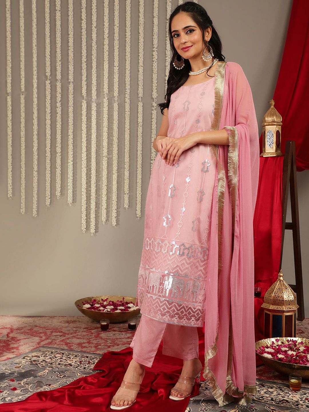 Indyancart VA Women'sEthnic Motifs Embellished Regular Kurta with Trousers & With Dupatta