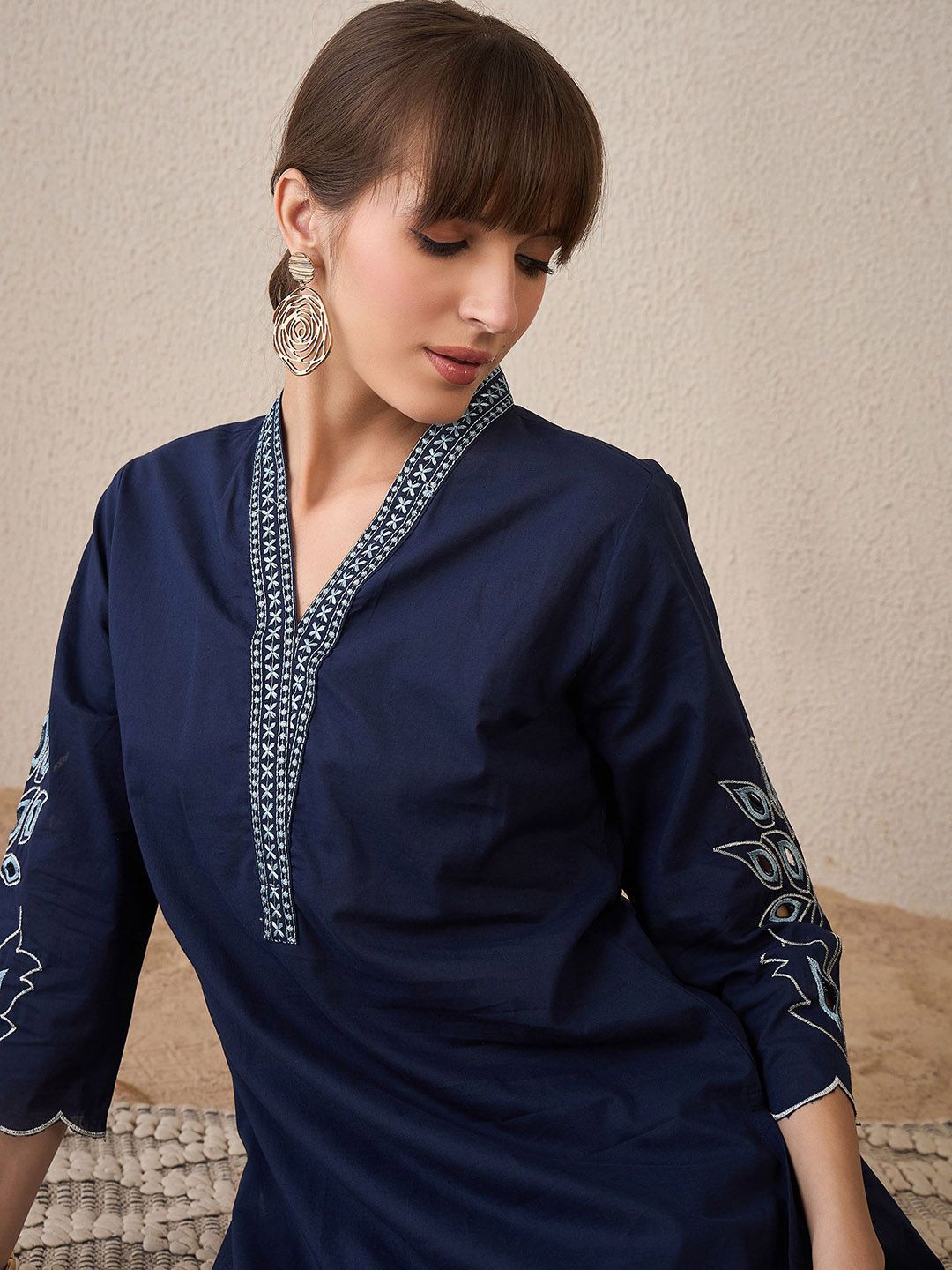 Indyancart IE Embroidered Three-Quarter Sleeves Pure Cotton Tunic With Trouser