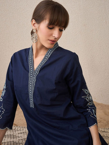 Indyancart IE Embroidered Three-Quarter Sleeves Pure Cotton Tunic With Trouser
