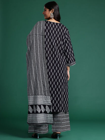 Indyancart Women's Geometric Printed Pure Cotton Kurta with Trousers & Dupatta