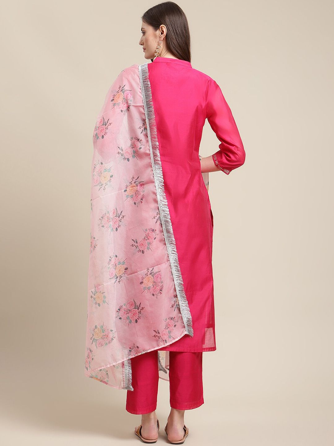 Indyancart VA Women's Magenta Floral Chanderi Silk Kurta with Trousers & With Dupatta