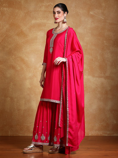 Indyancart VA Women Floral Embroidered Kurta with Sharara & Dupatta