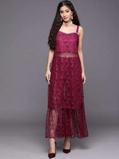 Indyancart VA Women's Magenta Floral Lace Kurta with Sharara
