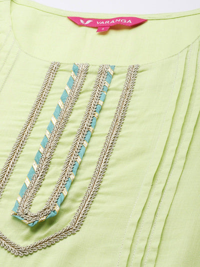 Indyancart VA Women's Green Pleated Kurta with Trousers & Dupatta