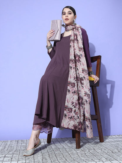 Indyancart VA Women's Panelled Silk Crepe Kurta with Trousers & With Dupatta