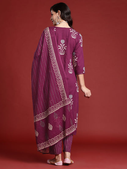 Indyancart IE Floral Printed Pure Cotton Kurta With Trousers & Dupatta
