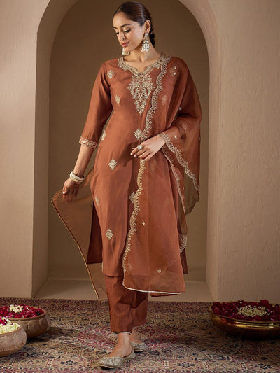 Indyancart IE Women Ethnic Motifs Embroidered Regular Liva Kurta with Trousers & With Dupatta