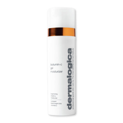 Dermalogica Biolumin-C Gel Face Moisturizer with Vitamin C, hyaluronic acid, citrus oil, and aloe juice in a sleek tube.